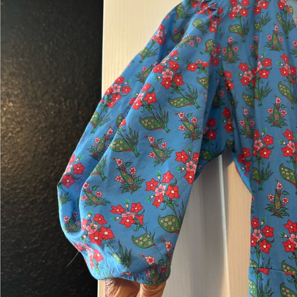 RHODE claudine blue floral wrap midi dress with puff sleeves - Picture 6 of 11